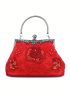 Small Evening Bag Satin Rhinestone Decor Chain Strap