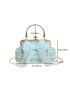 Plaid Pattern Bow & Faux Pearl Decor Kiss Lock Satchel Bag Small