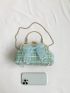 Plaid Pattern Bow & Faux Pearl Decor Kiss Lock Satchel Bag Small